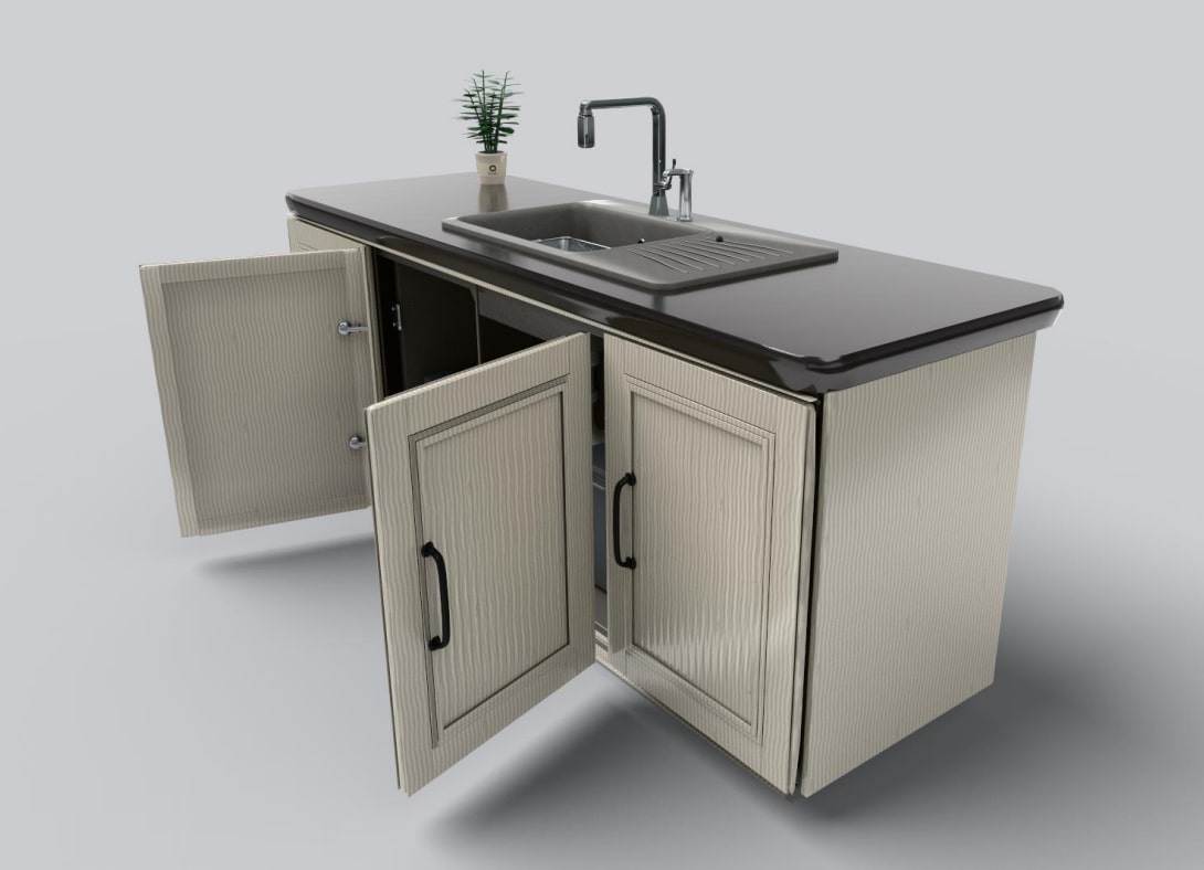 Render 3D podłużnej szafki kuchennej z ryflowanymi kremowymi frontami, ciemnym blatem, wpuszczonym zlewem z ociekaczem i wysoką baterią, z trzema otwartymi drzwiczkami